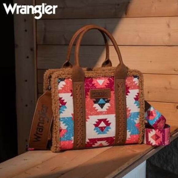 Wrangler Brown/Pink Aztec Southwest Sherpa Trim Tote/Crossbody | NEW/NWT!! - Picture 1 of 15